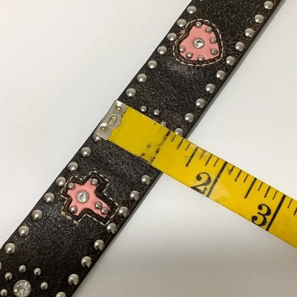 Nocona Pink Hearts Crosses studs Crystals Leather Western Belt Size 24 EUC
